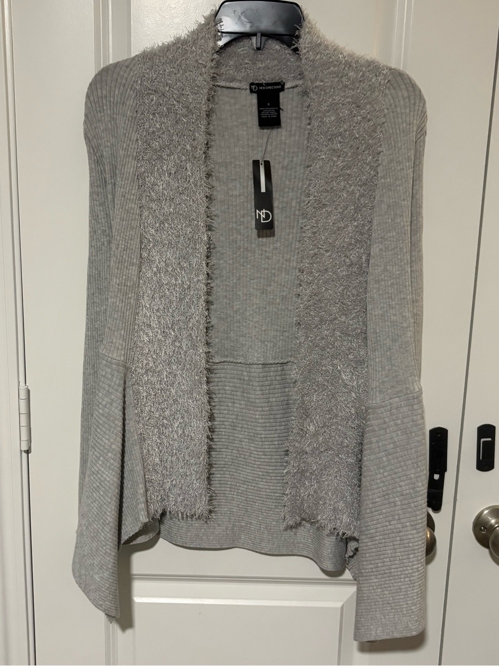New Directions Gray Fuzzy Trim Open Front Cardigan Size S NWT